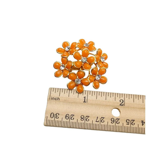Orange Acrylic Clear Rhinestone Floral Earrings Clip on Gold Tone Vintage - Picture 4 of 4